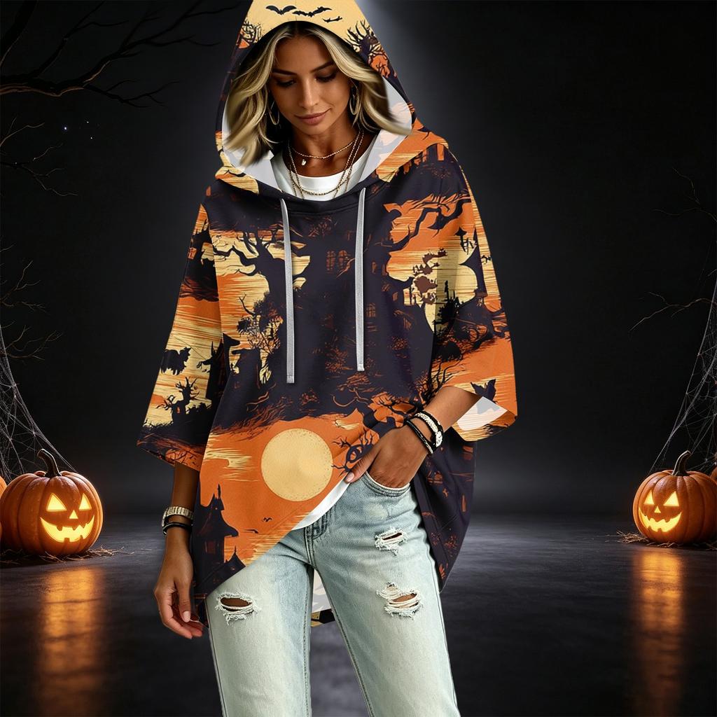 Women's Fashionable Three-Quarter-Sleeve Halloween-Printed Hooded Pullover