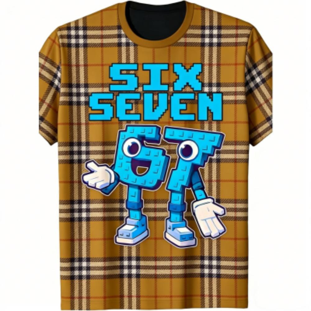 Fashion Kids T-Shirt 67 Six Seven Grid Print Boy and Girl Tees Top Summer Short Sleeve O Neck Casual Outdoor Kids Clothing