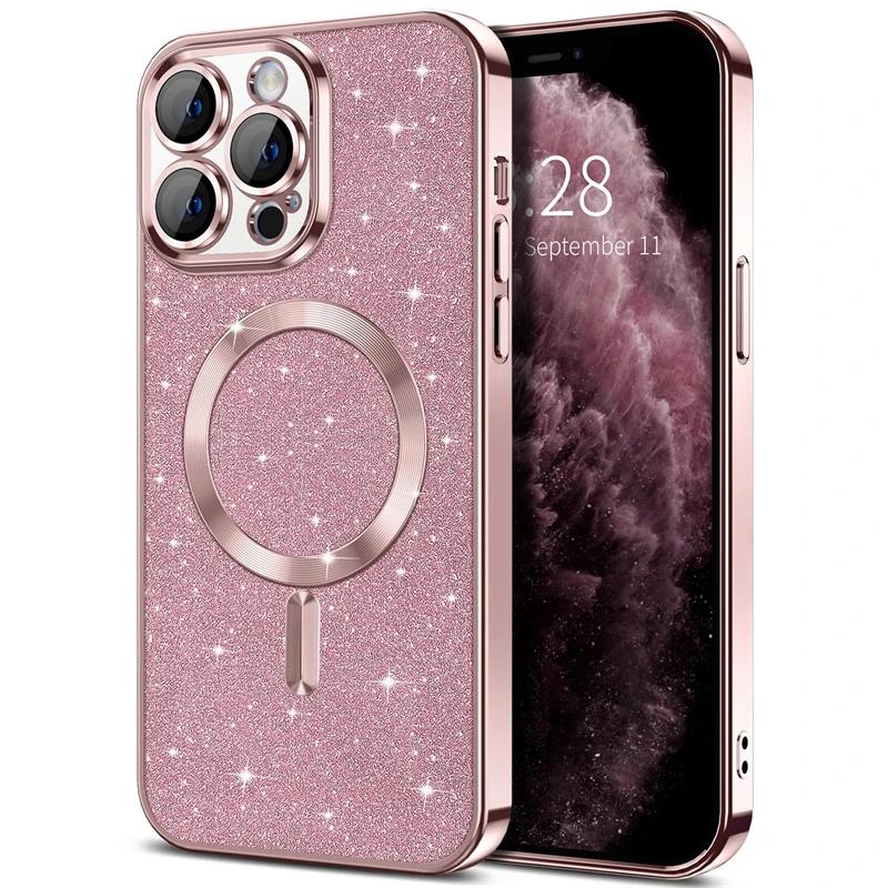 Electroplate With Lens Protector Case For iPhone 15 14 13 12 11 16 Pro Max Plus For Magsafe Wireless Charge Bumper Glitter Cover