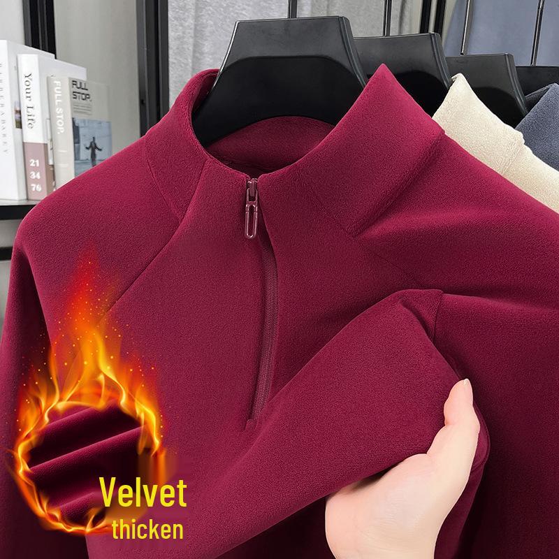 Men's Plush Lined Half-Zip Stand Collar Sweatshirt - Warm Outdoor Base Layer for Autumn & Winter