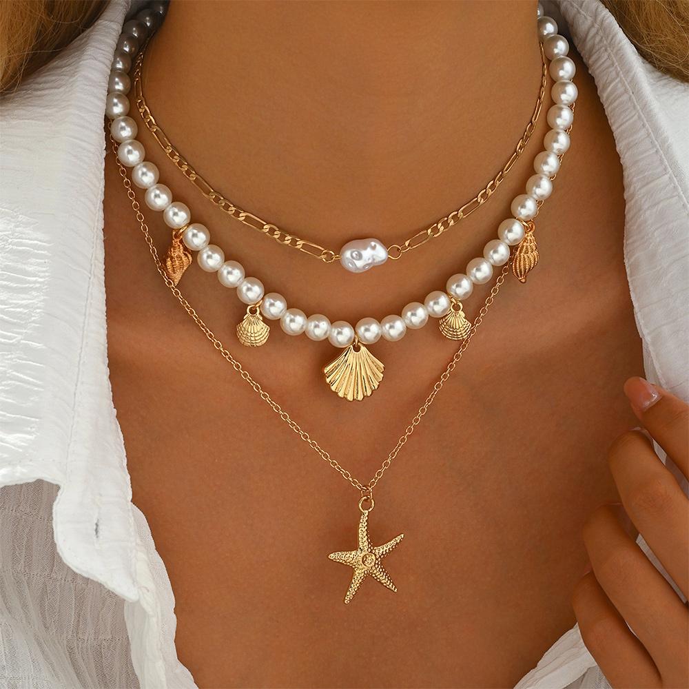 Beach Style Starfish Pendant Necklace Alloy Beads Shell Necklace Multi-layer Necklace  for Women