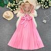 Elegant Beaded Embroidery Oversize Pleated Dress Women Summer Gradient Pink Green V Neck Ruffle Belt High Elastic Midi Dress