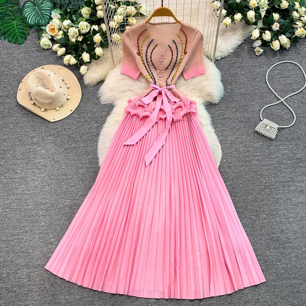 Elegant Beaded Embroidery Oversize Pleated Dress Women Summer Gradient Pink Green V Neck Ruffle Belt High Elastic Midi Dress