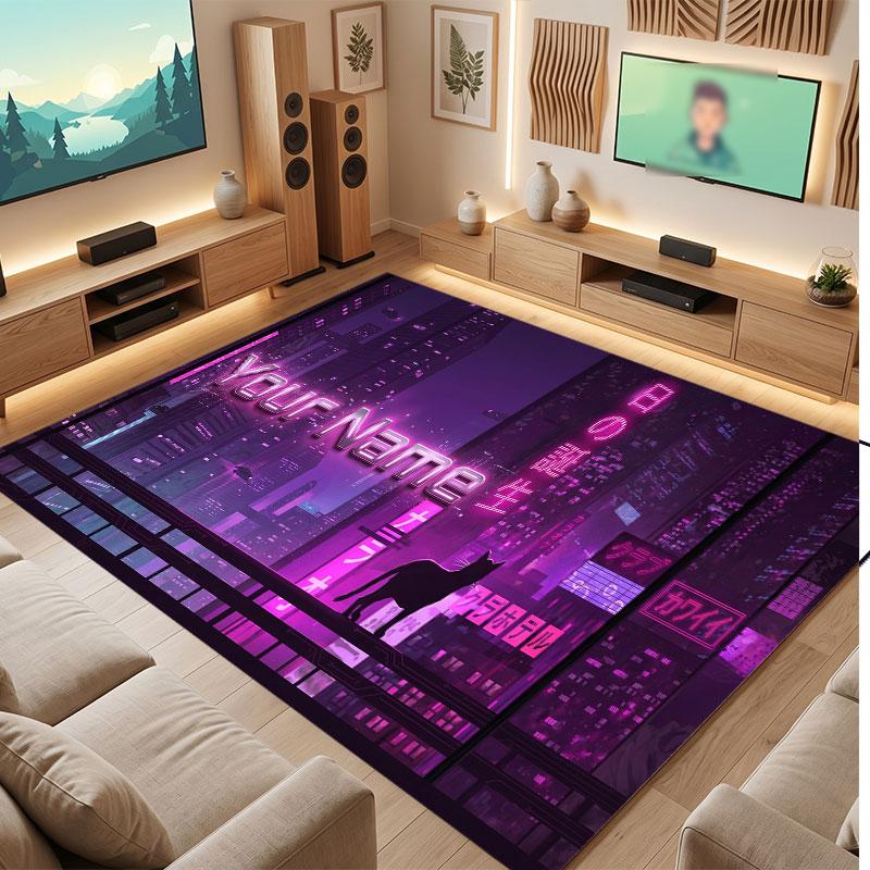 City Cyberpunk Theme Crystal Velvet Floor Rug Personalized Custom Name Text Warm Carpet Home Decoration