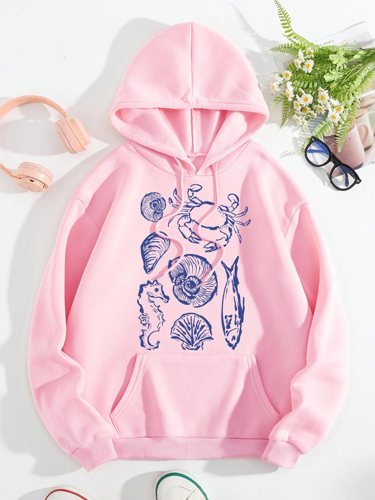 Ocean Fauna Fish Conch Design Women Hoody Loose Fleece Hoodie Autumn Y2K Pocket Hoodies Multicolor Soft Woman Streetwear