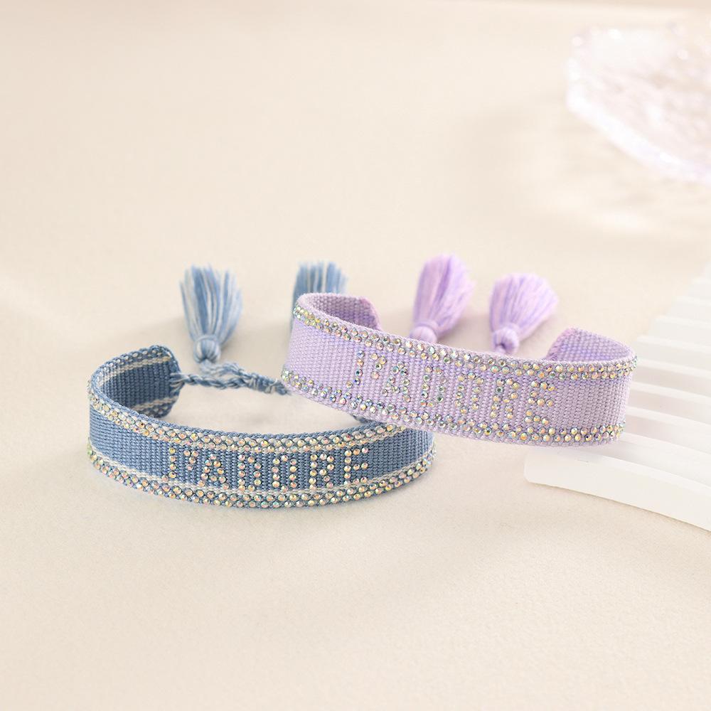 Seven-Color Full Diamond Woven Bracelet with 'JADORE' Letter, Handmade Tassel Chain, Crystal Design for Women