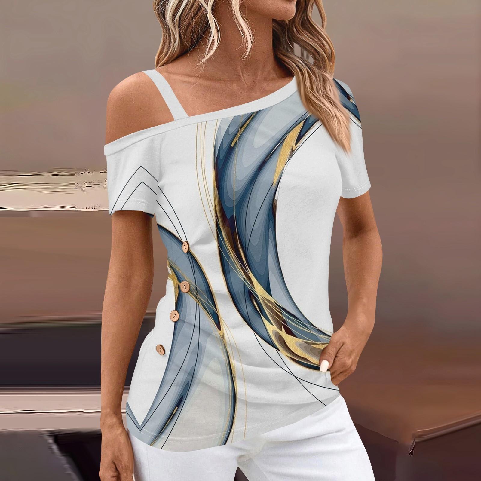 

Женские топы с открытыми плечами, плиссированные футболки с асимметричным вырезом и короткими рукавами, принты L светло-синий