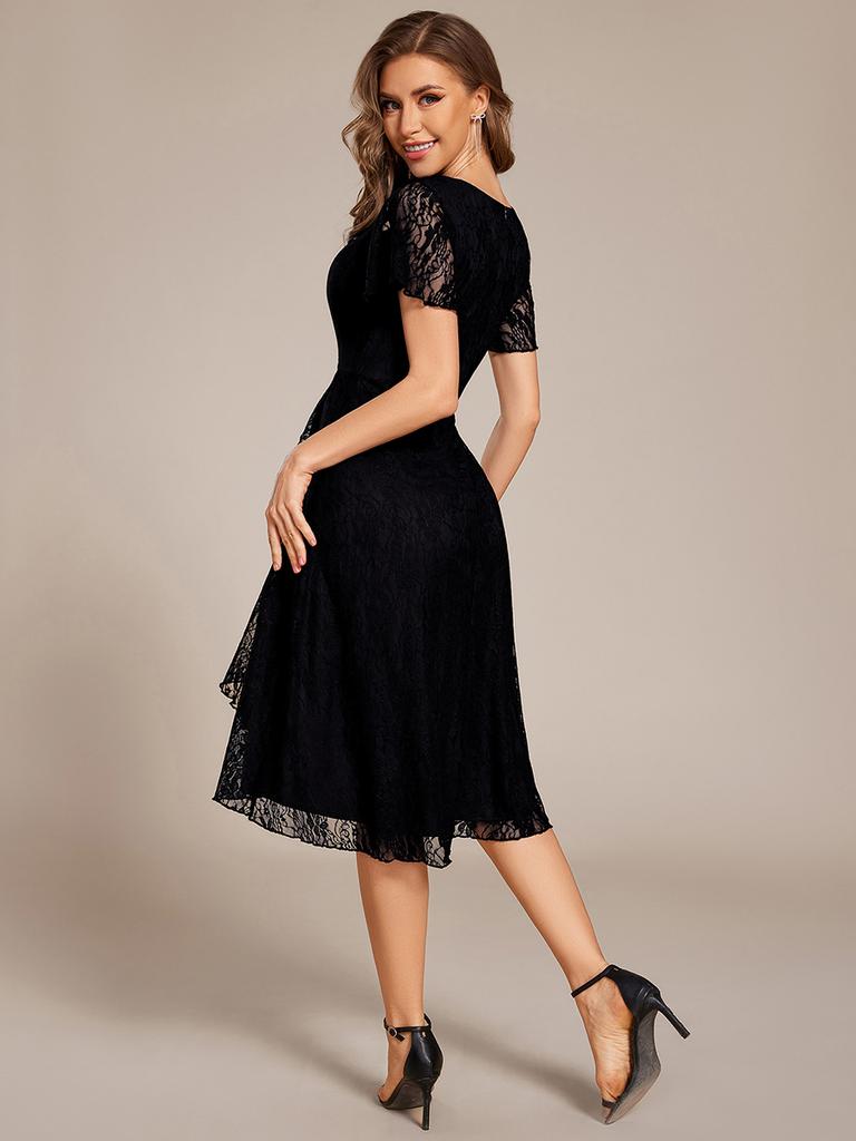 Ever-Pretty Women's V-Neck Short Sleeve Ruffled Lace Lotus Hemline Midi Wedding Guest Dress