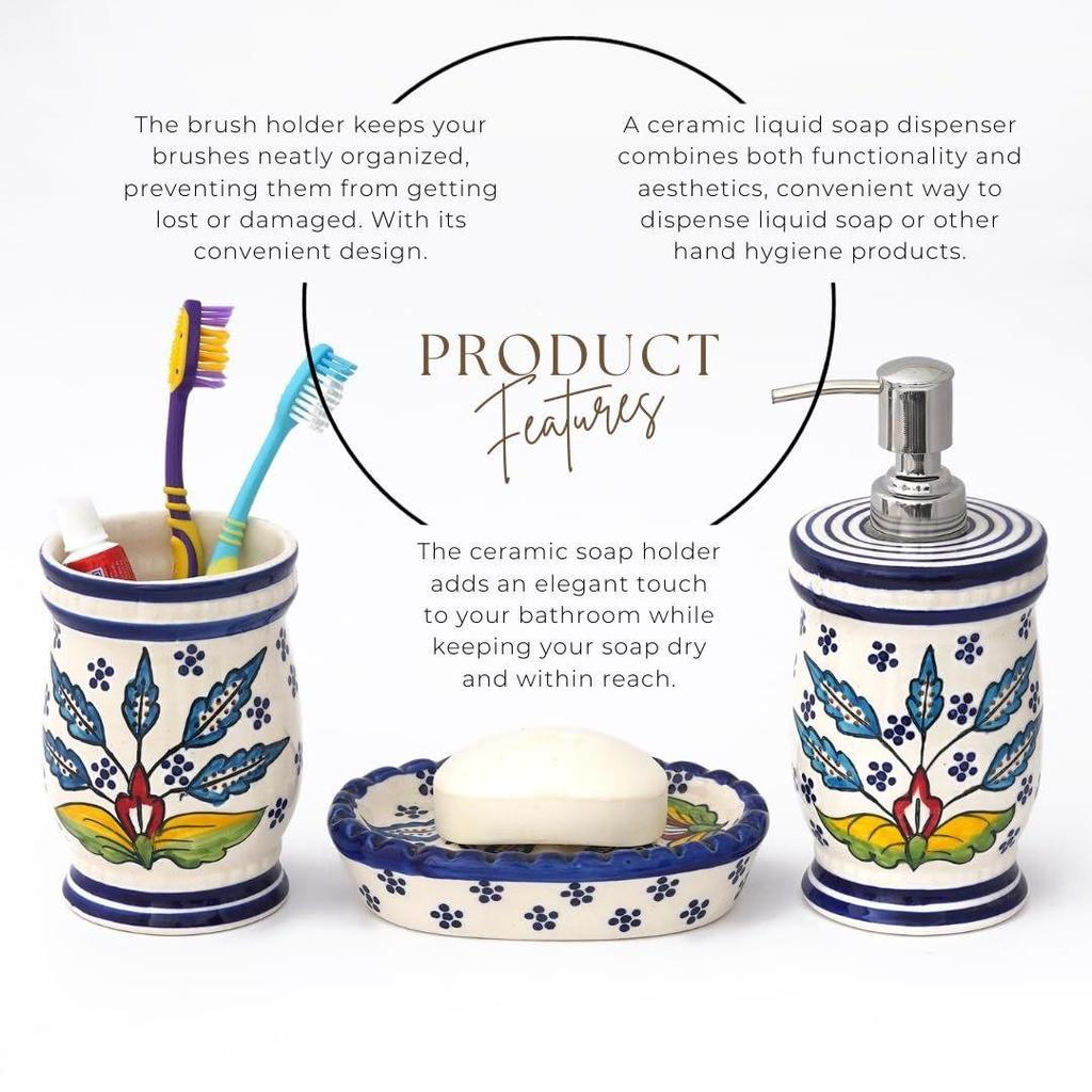 Premium Ceramic Bathroom Accessories Set of 3 | Modern Hand-Painted Bath Set with 300ml Soap Dispenser, Toothbrush Holder & Soap Dish |