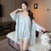 Sexy Pajamas Women's Ice Ribbon Chest Pad Suspender Shorts Three-piece Butterfly Printed Silk Loungewear Available
