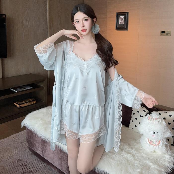 

Сексуальна жіноча піжама з крижаної стрічки, з подушечками на грудях, на бретельках, шорти, трикотаж для дому з принтом метелика, доступна XL синій