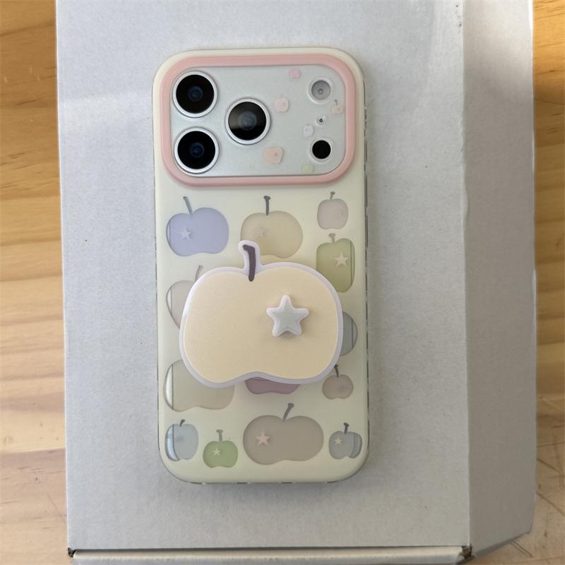 Cute Pastel Apple Print Phone Case For iPhone 17 16 15 14 Pro Max Kawaii Star Grip Stand Protective Cover for Girls