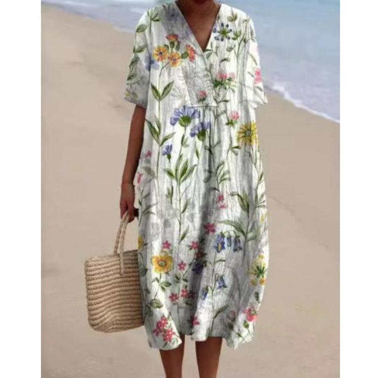 Damen Blumenmuster V-Ausschnitt Maxikleid Boho Kurze Ärmel Locker Strand Sommerkleid