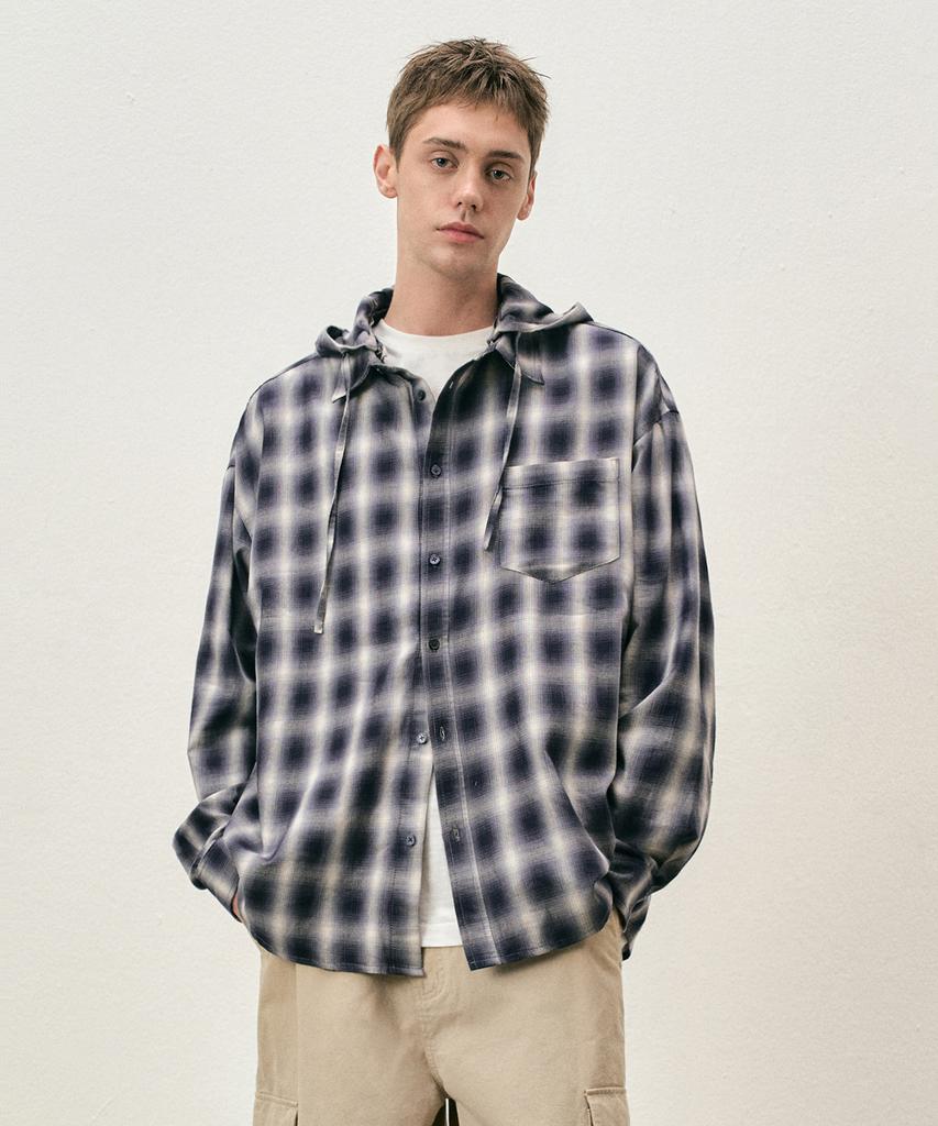 COSTUME O’CLOCK [Detachable Hood] Check Hooded Long Sleeve Shirt 2 Color Coossh194