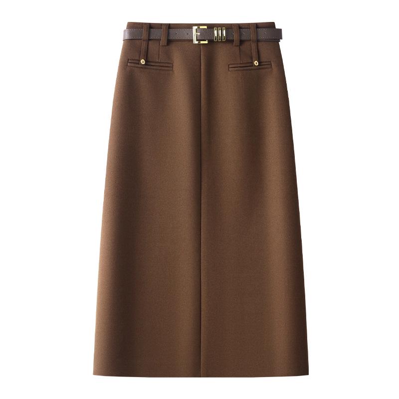 

2024 Женская юбка миди из ангоры и красной шерсти с высокой талией - Осенне-зимний облегающий стиль с разрезом XL