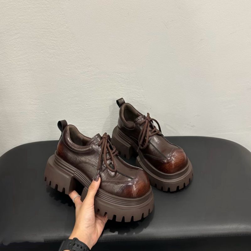 

2025 autumn new muffin heel lace-up thick heel loafers casual British style retro round head leather shoes women 40 коричневий