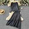 Women's Brown Knit Set with Round Neck Top and High-Waist Midi Skirt