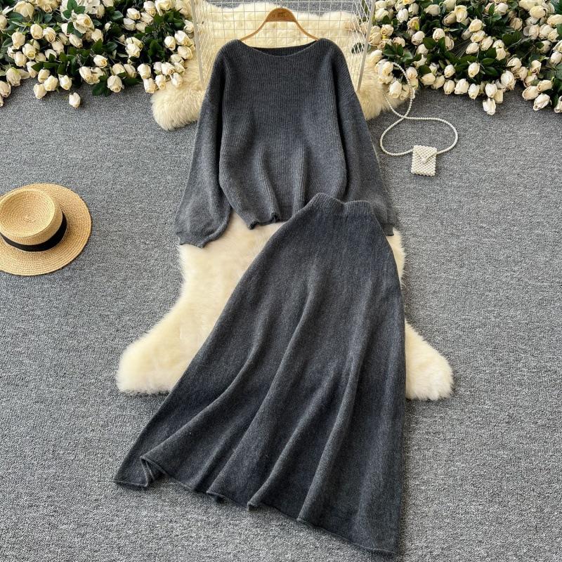 Women's Brown Knit Set with Round Neck Top and High-Waist Midi Skirt