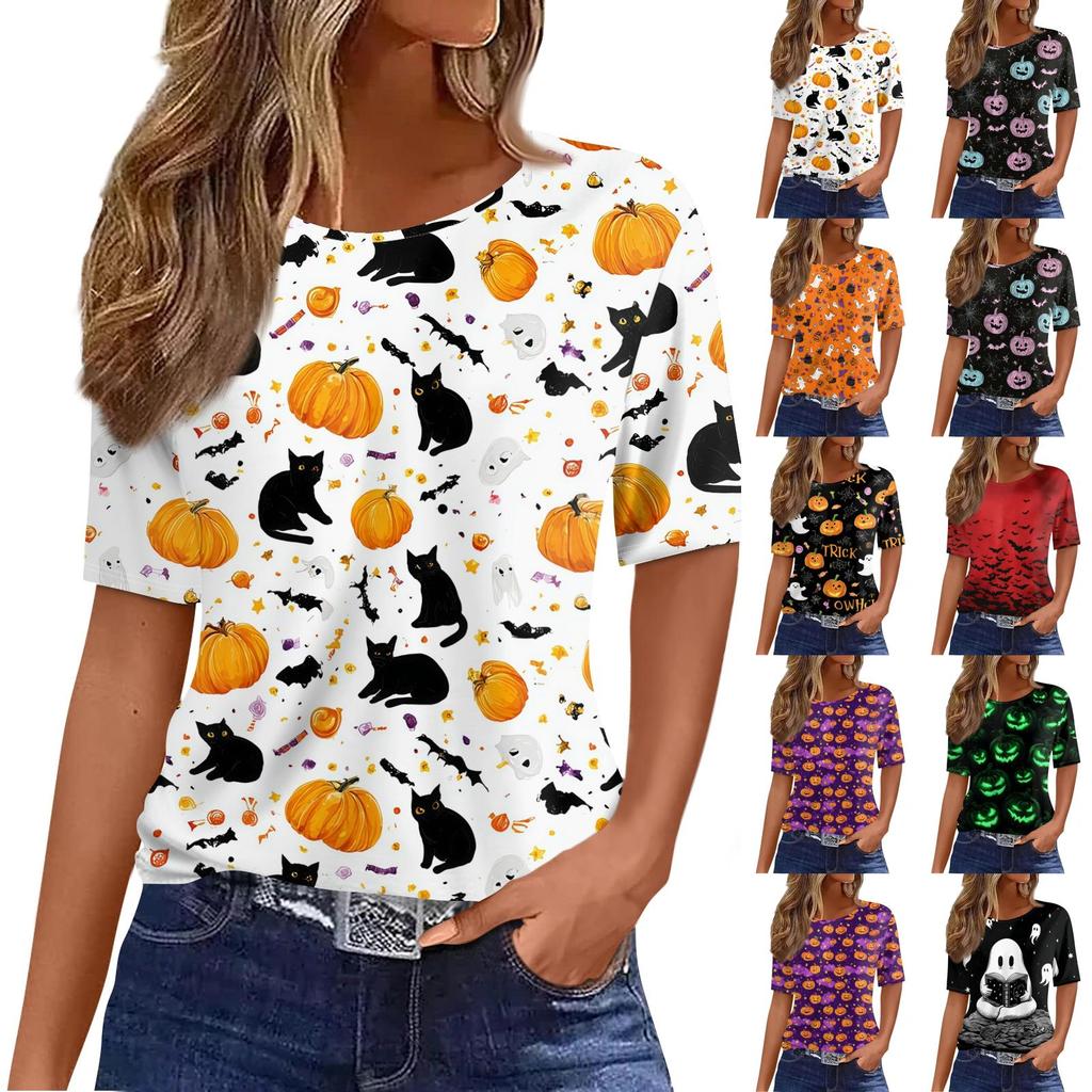 Womens Casual Short Sleeve Pullover Top Halloween Ghost Print Round Neck Relaxed Fit Tee Shirt