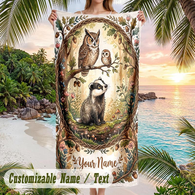 Forest Fox Fantasy Theme Quick Dry Beach Towel Custom Name Text Print Large Sand Resistant Towel Beach Vacation