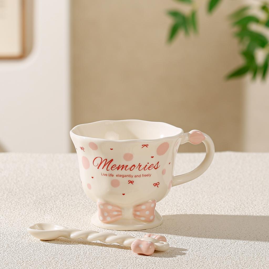 Cute Cartoon Ceramic Cup Bow High Foot Water Cup High-looking Mug Student Souvenir Gift Girl Heart