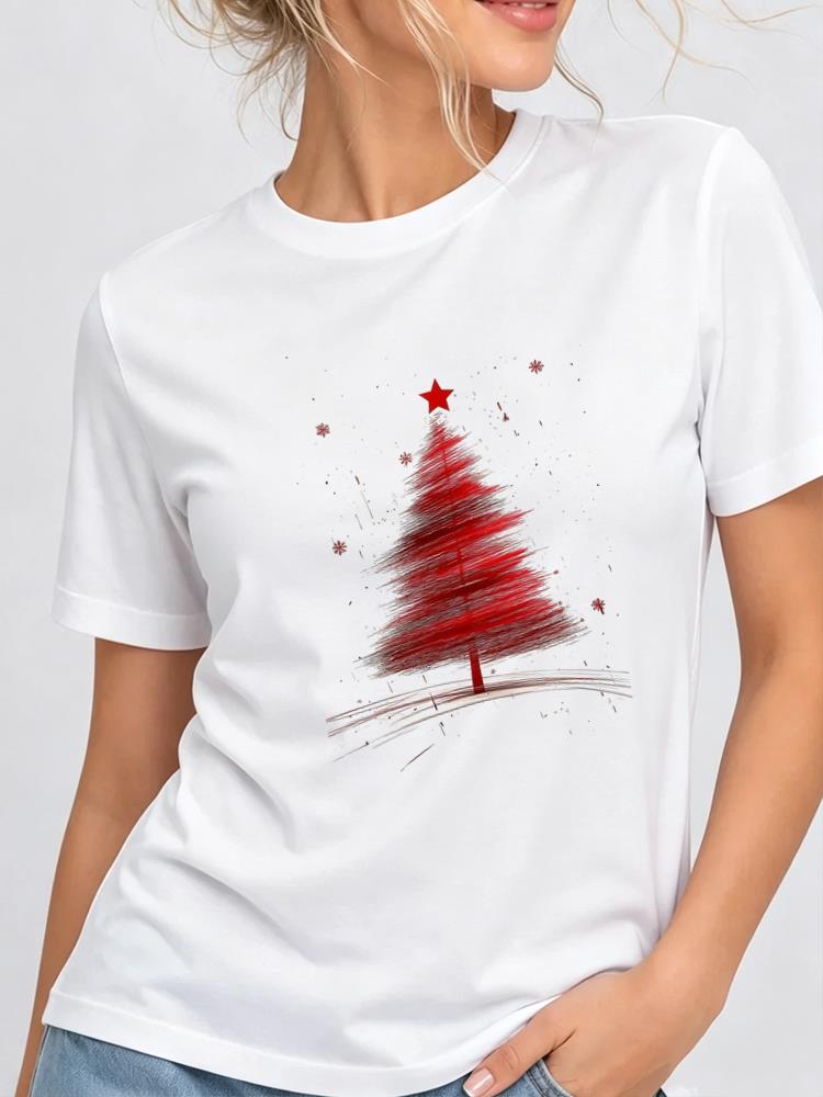 (Asian Size) Lovely Tree Style Christmas New Year Clothing T Shirt Women Fashion Festival Tee Top Print Female Woman Short Sleeve Graphic T-shirts