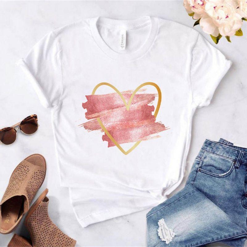 Love Heart Print T-Shirts For Women Clothing Round Neck Casual Top Clothes Short Sleeve Versatile Graphic Printed Fashion Shirts
