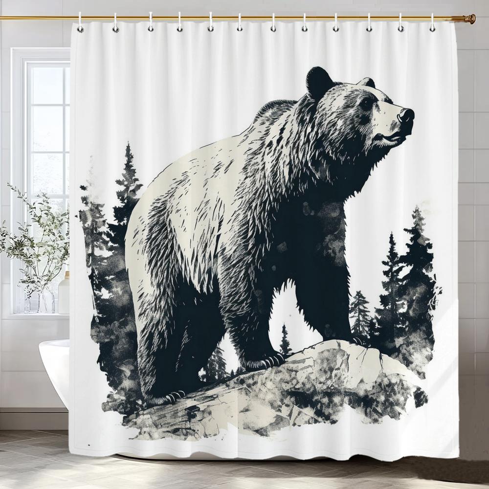 1 Piece Black Line Forest and Bear Shower Curtain, Bathroom Decorative Shower Curtain, Waterproof Shower Curtain with Hooks