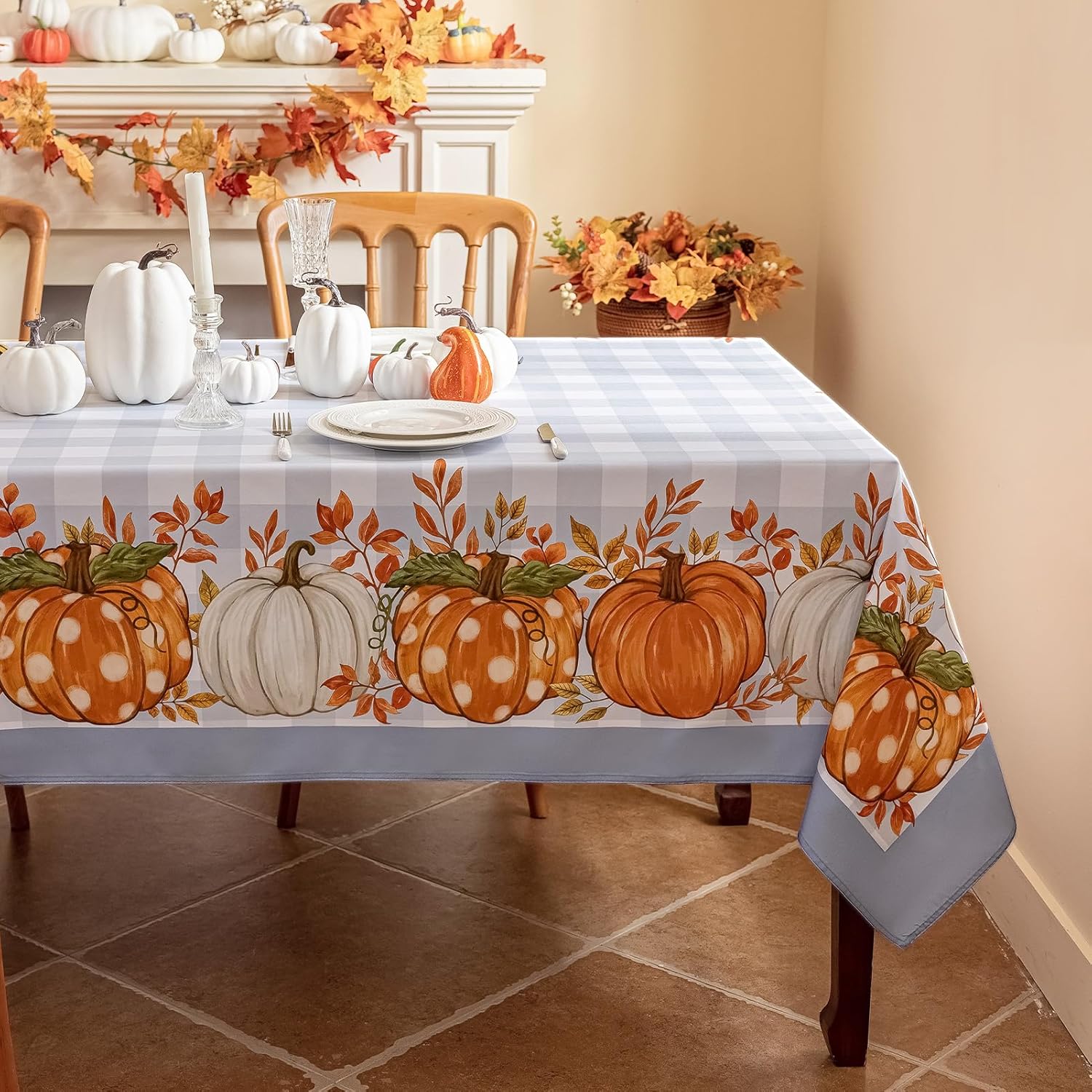 Herfst Dankzegging Pompoenen Buffalo Plaid Tafelkleed Bruiloft Feest Decor Herfst Esdoornbladeren Rechthoekige Tafelkleden Tafel Decoratie 90x140cm white