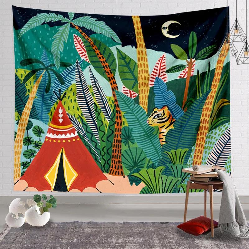 Animal King Forest Tiger Tapestry Wall Hanging Tropical Palm Plant Flower Bohemian Tapestry Home Decoration Yoga Mat Blanket