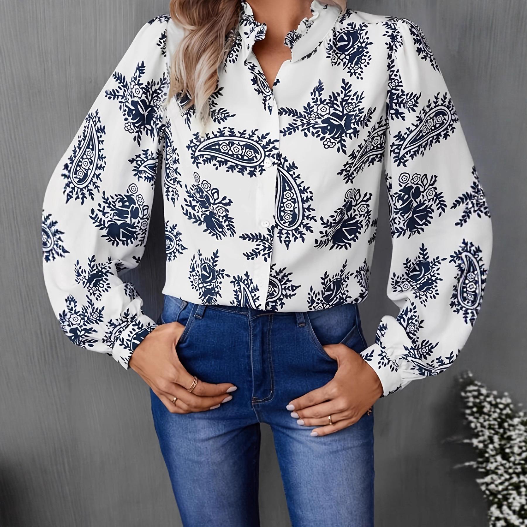 

Новая женская рубашка с элегантным цветочным цифровым принтом и модным маленьким воротником-стойкой с оборками XXL белый