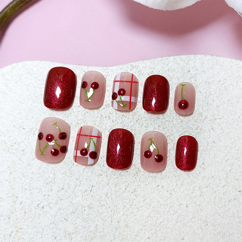 Red Cat Eyes Nail Stickers 10Pcs Checkered Design UV Coating Easy Application