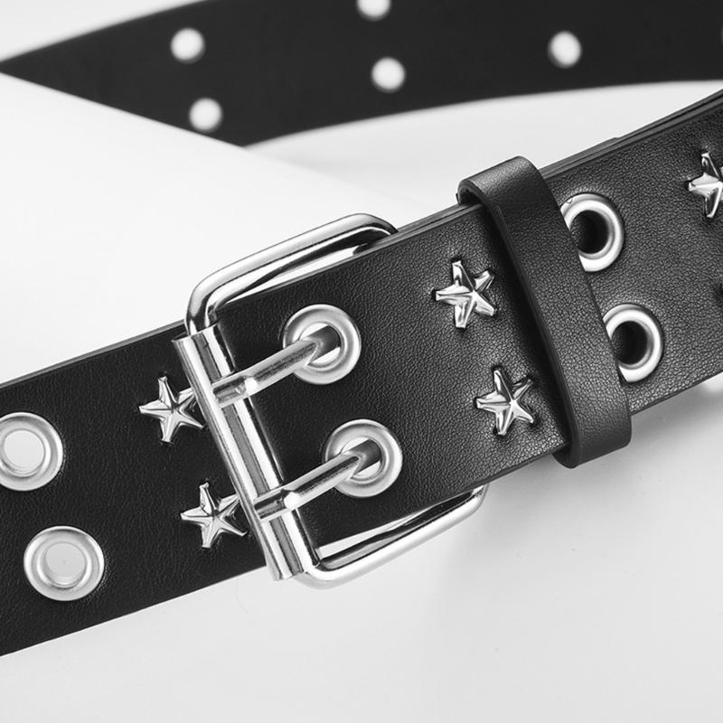 PU Leather Punk Waist Belt with Star Rivets And Double Buckles Holes For Daily Wear and Theme Occasion Dressingup Props
