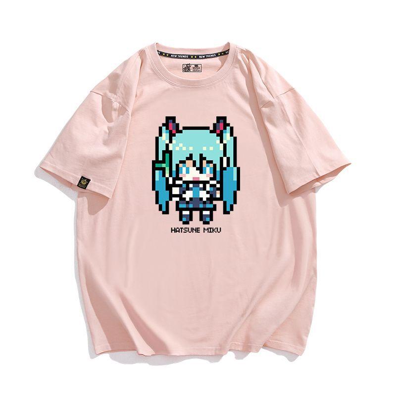 Pixel Style Hatsune Miku Anime Peripheral Animation Printing Tshirt Unisexs and Unisexs Cotton Loose Fashion Trend Summer Tshirt