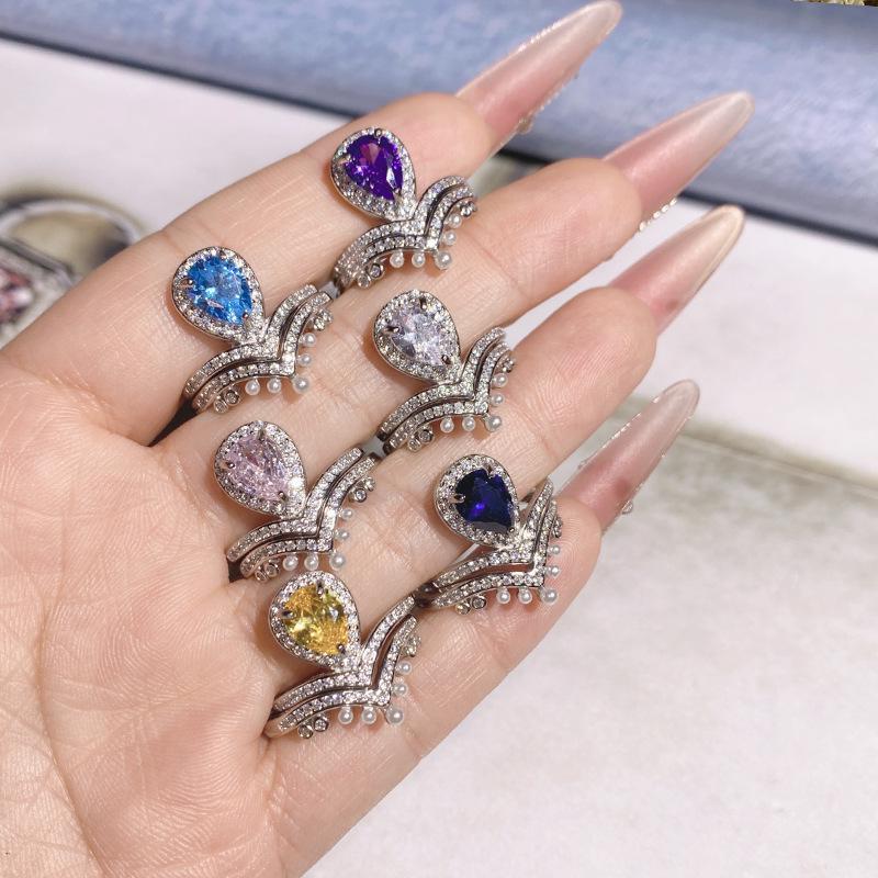 Clear Sky S925 Silver V-Crown Yellow Zircon Drop Ring: Luxury Stackable Double Layer Women's Ring