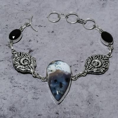 Natural Dendrite Opal,Black Spinel Stone 925 Sterling Silver Bracelet 7-8" P2o29