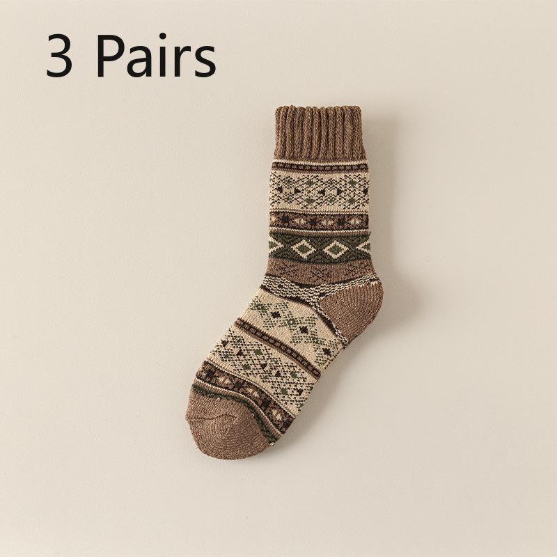 3 Pairs of Female Autumn and Winter Super Thick Warm Anti Cold Hair Ring Retro Pattern Wool Socks