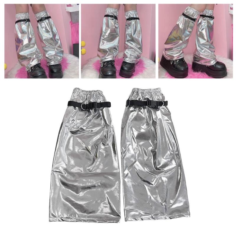 Women Harajuku Metallic Shining Flared Leg Warmer Aesthetic Fashion Punk Buckled Garters Strap Baggy Leg Cover Socks