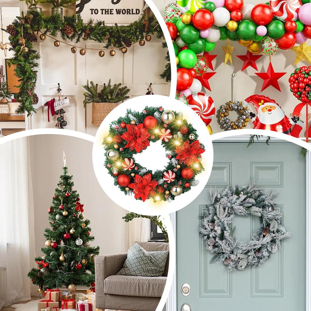 Christmas Door Wreath 16 Inch Ball Flowers Wreath Decoration Artificial Holiday Garland For Fireplace Mantle Porch Window Door
