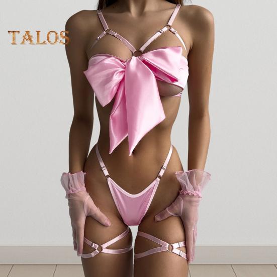1 Set Women Bra Panties Thigh Ring Set Bow-knot Decor Sleeveless Backless Low-cut Pornographic Romantic Night Nightie Bra Briefs Set Wedding Night