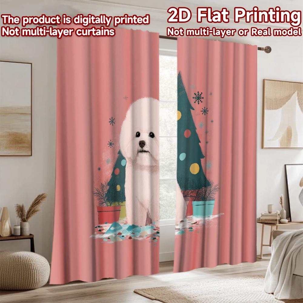 Stampa piana 2D 2 pezzi Tende Bichon Cane Albero di Natale Stampato Digitalmente Poliestere Tende Decorazione Murale Festiva Utilizzo per Cabine Fotografiche