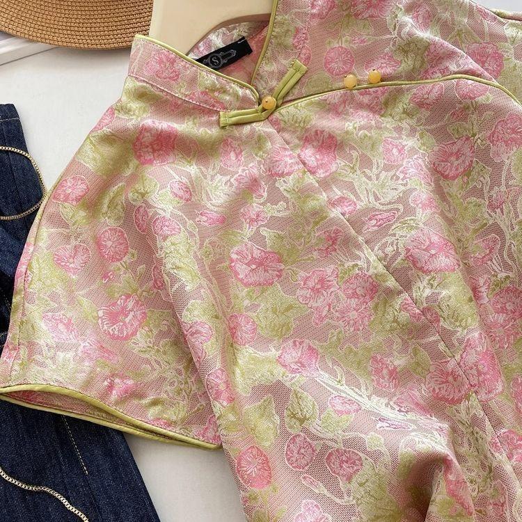 Temperament fashionable top versatile 2025 summer shirt disc button short sleeve top high-end slim chic