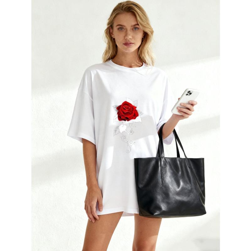 Women's Short-Sleeve T-Shirt with Red Rose and Silver Line Pattern Art Print