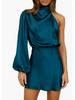 2024 Spring Women's Satin One-Shoulder Mini Dress with Long Sleeves