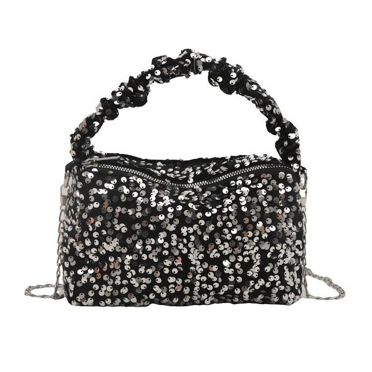 Stylish And Chic Korean Inspired Sequined Small Shoulder Bag For Women In Black And Silver