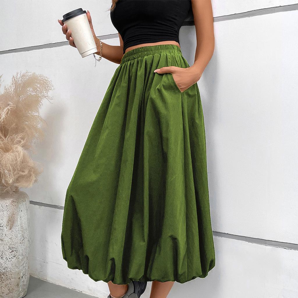 Damen Maxirock A-Linie mit hoher Taille und Taschen Elastischer Bund Lockere Passform Lässiger Langer Rock für den Alltag