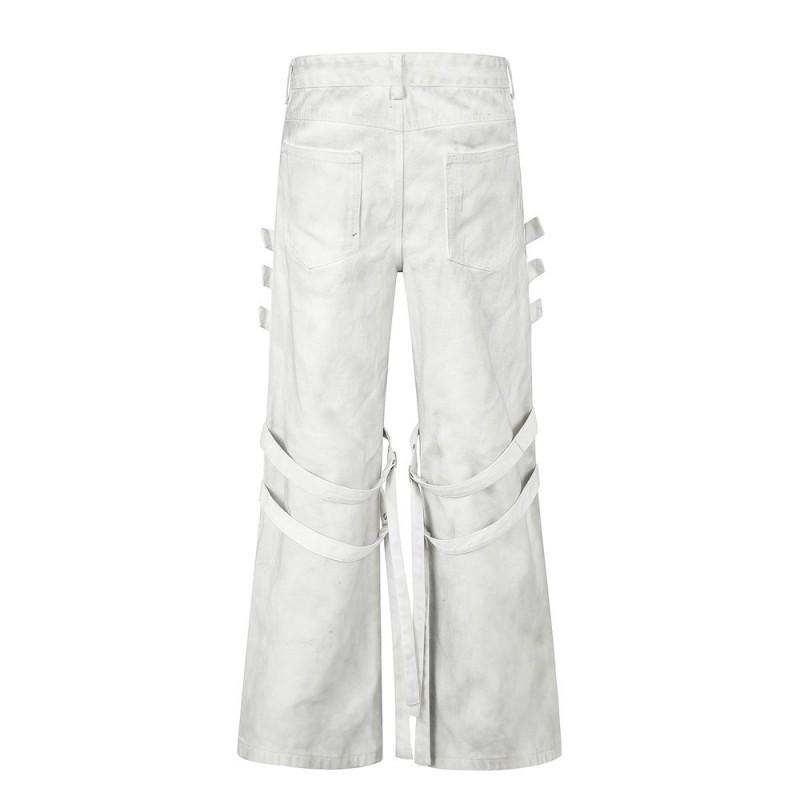 Mens Flared Denim Pants Hippie Street Style Distressed Jeans With Metal Rings Casual Trousers