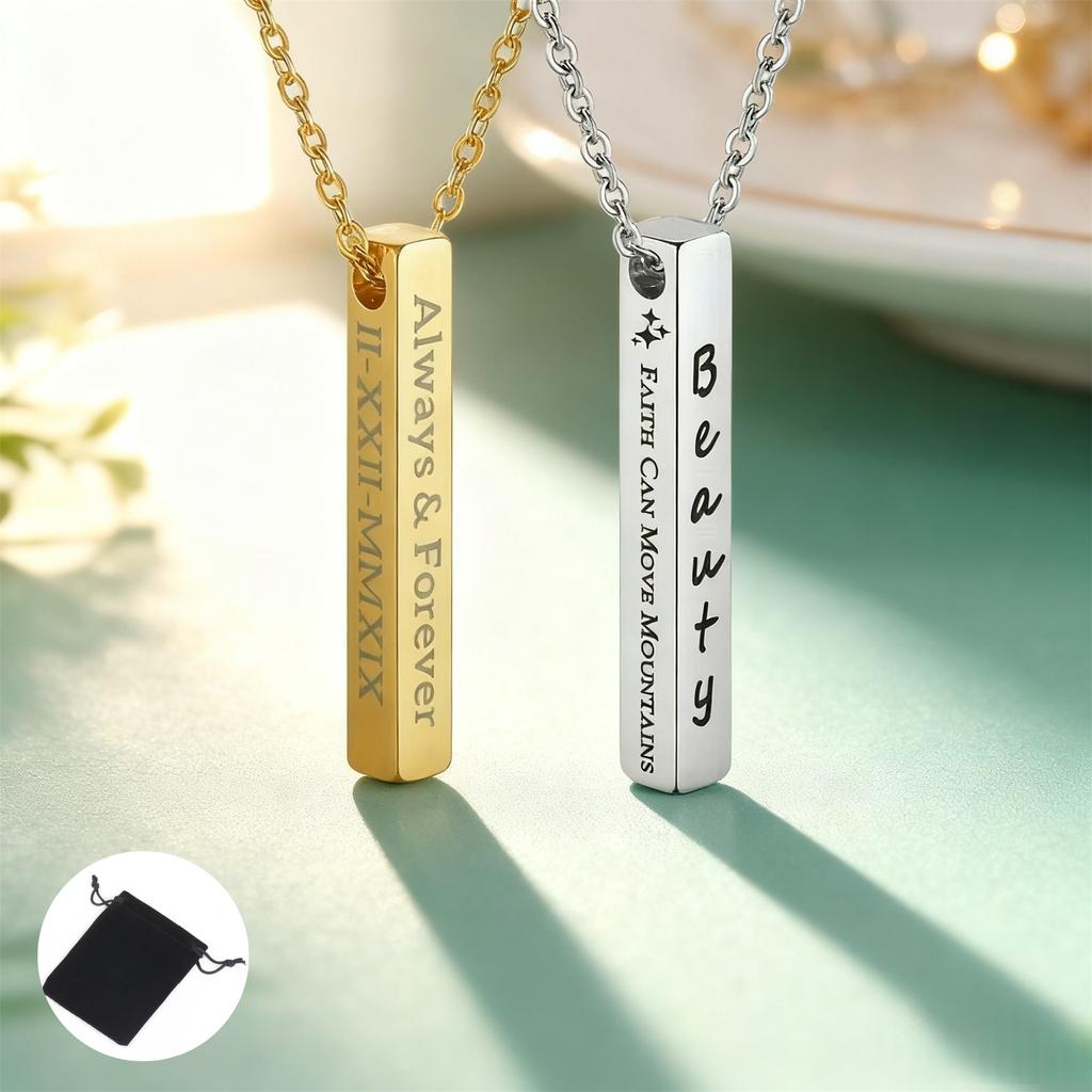 Customized Name Quotes Date Multi Sided Engraved Necklace Stainless Steel Personalized Cube Bar Necklace Fashion Couple Jewelry