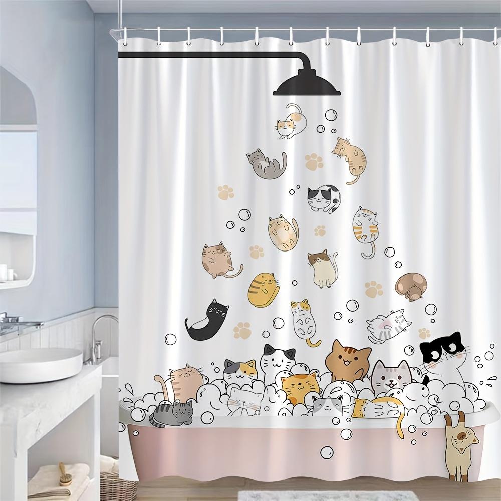 1pc Cartoon Cat Shower Curtain - Fun Bathing Cats & Kittens, Polyester, 12 Hooks, Whimsical Bathroom Decor for Cat Lovers