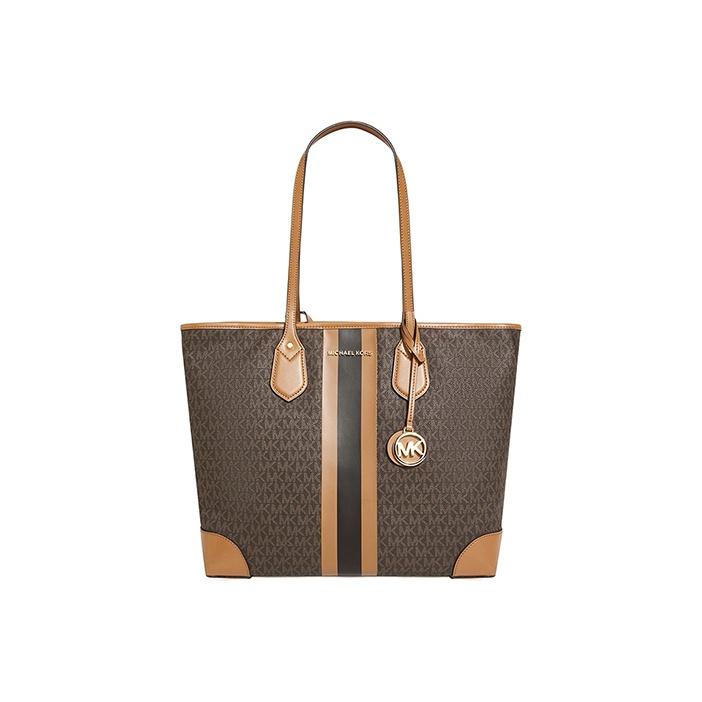 

Michael Kors Eva Monogram Logo Stripe Color Block Coated Canvas Tote Bag Women Tote Apple-Brown 30T9GV0T7B-252 Basic Set (Bag+Dust Bag)